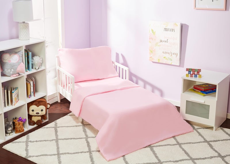EVERYDAY KIDS 4 Piece Toddler Bedding Set - Includes Comforter, Flat Sheet, Fitted Sheet and Reversible Pillowcase - Solid Pink - Image 1